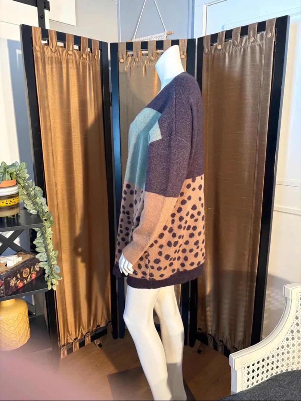 Colorblock & Leopard Print Open Cardigan Sweater - Tan, Sage & Navy - Picture 2 of 4